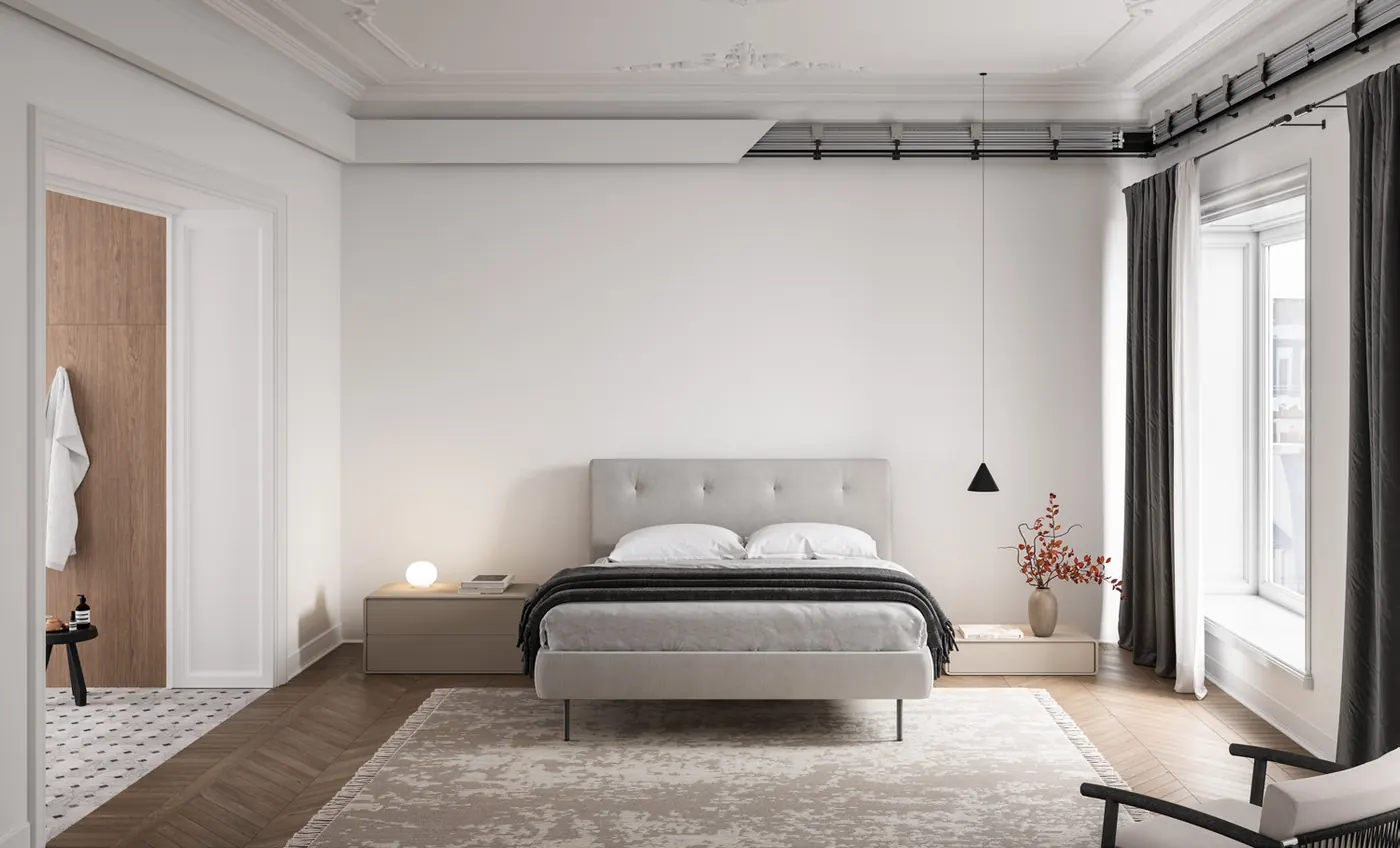 Slaapkamer met DFS-Corners profielen in de hoek tussen wand en plafond, deels zichtbaar onder een verlaagd plafond